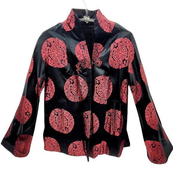Vintage Cheongsam Black Red Embroidered Bell‎ Sleeve Toggle Reversible Jacket - Picture 1 of 16